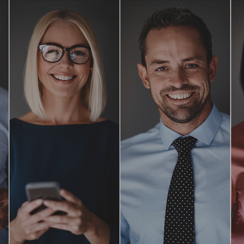 Five people smiling while using smartphones in a row of portrait panels