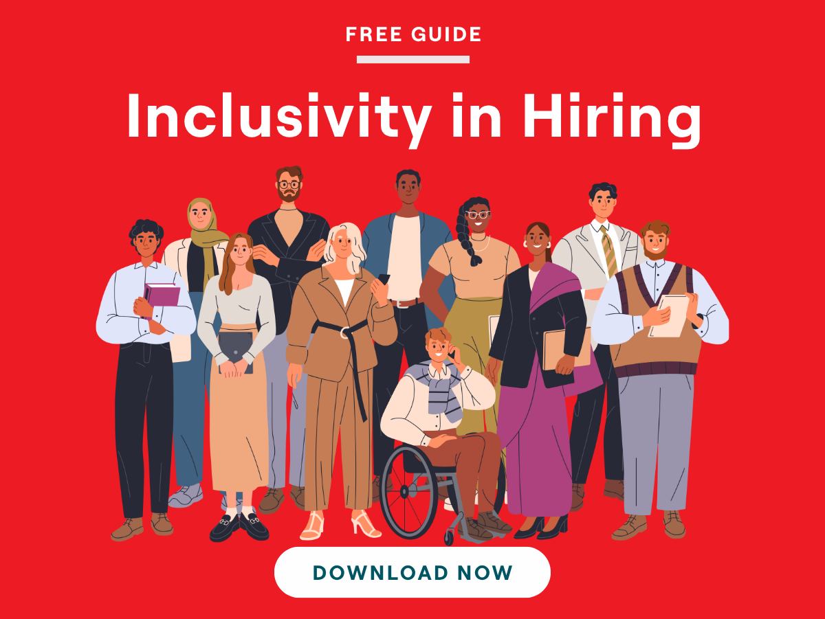 Crowd of diverse office workers on red background with “Inclusivity in Hiring” and a “Download Now” button