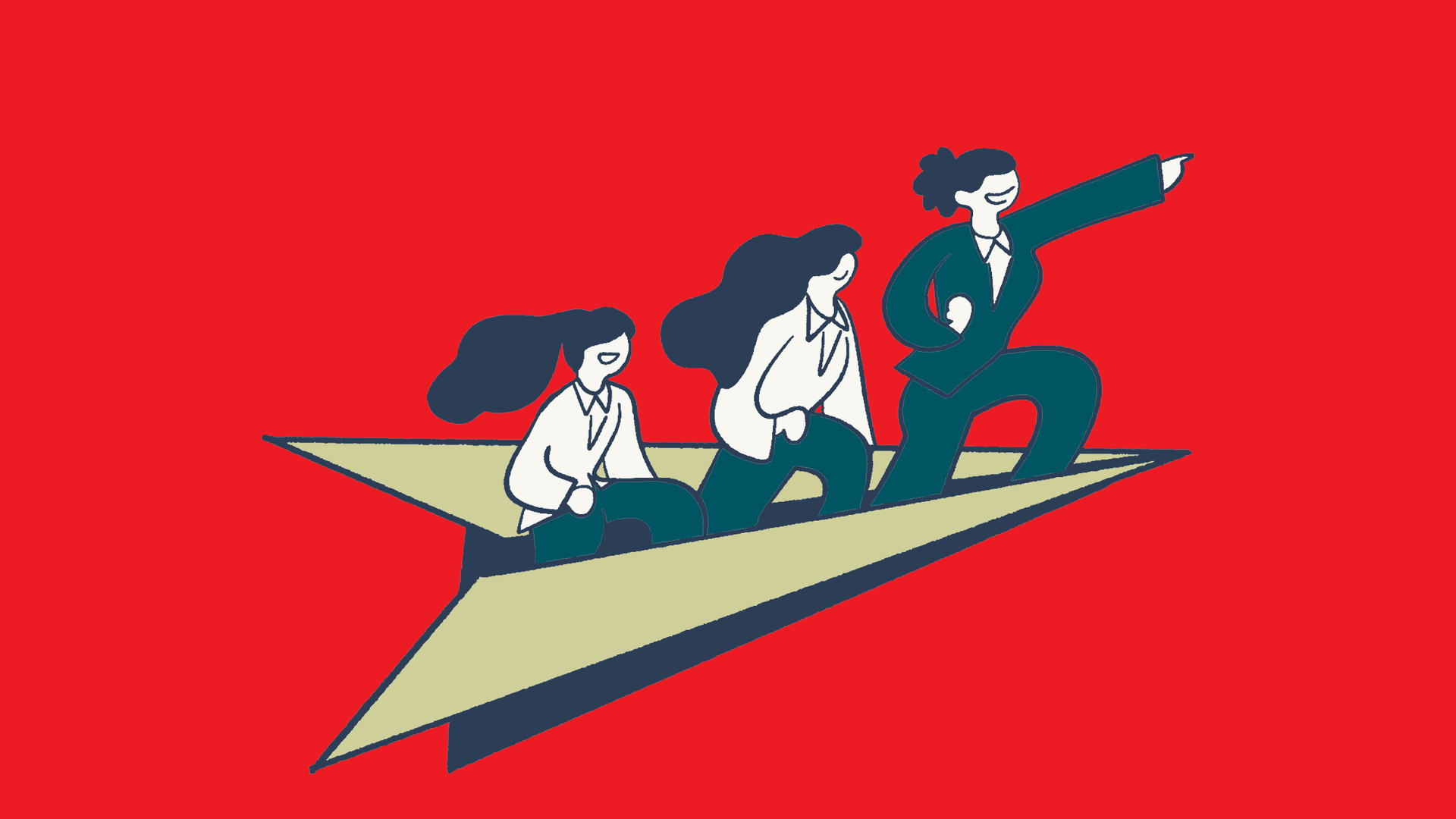 Three people riding a paper airplane on a red background, one pointing ahead.