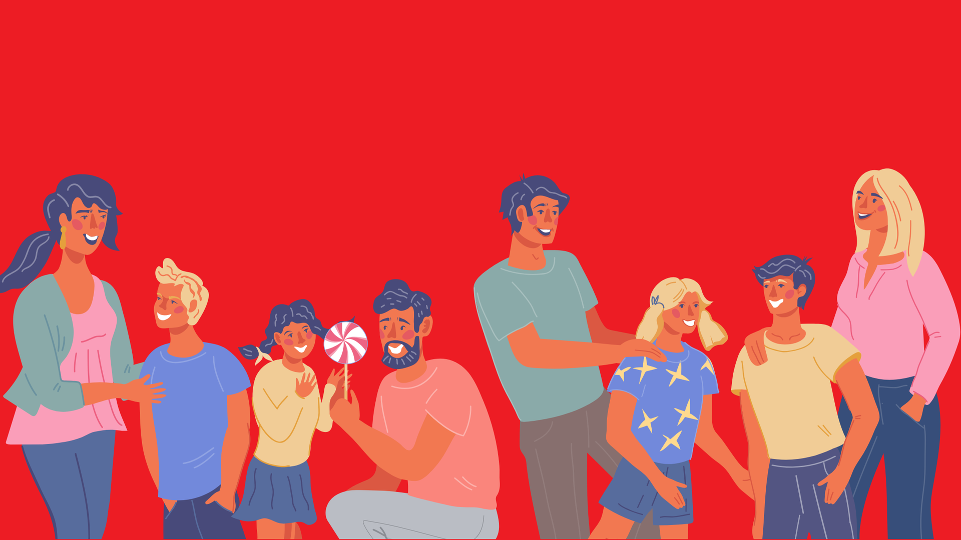Group of diverse people standing together on a red background, smiling and chatting.