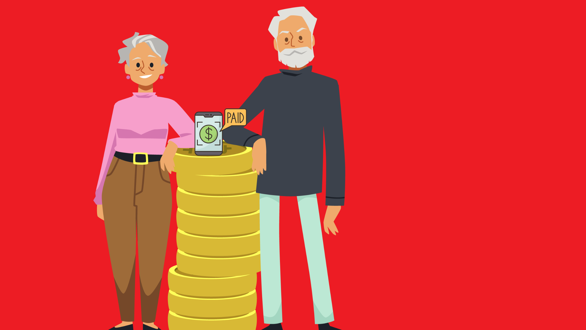 Two cartoon figures stand beside a stack of gold coins on a red background.