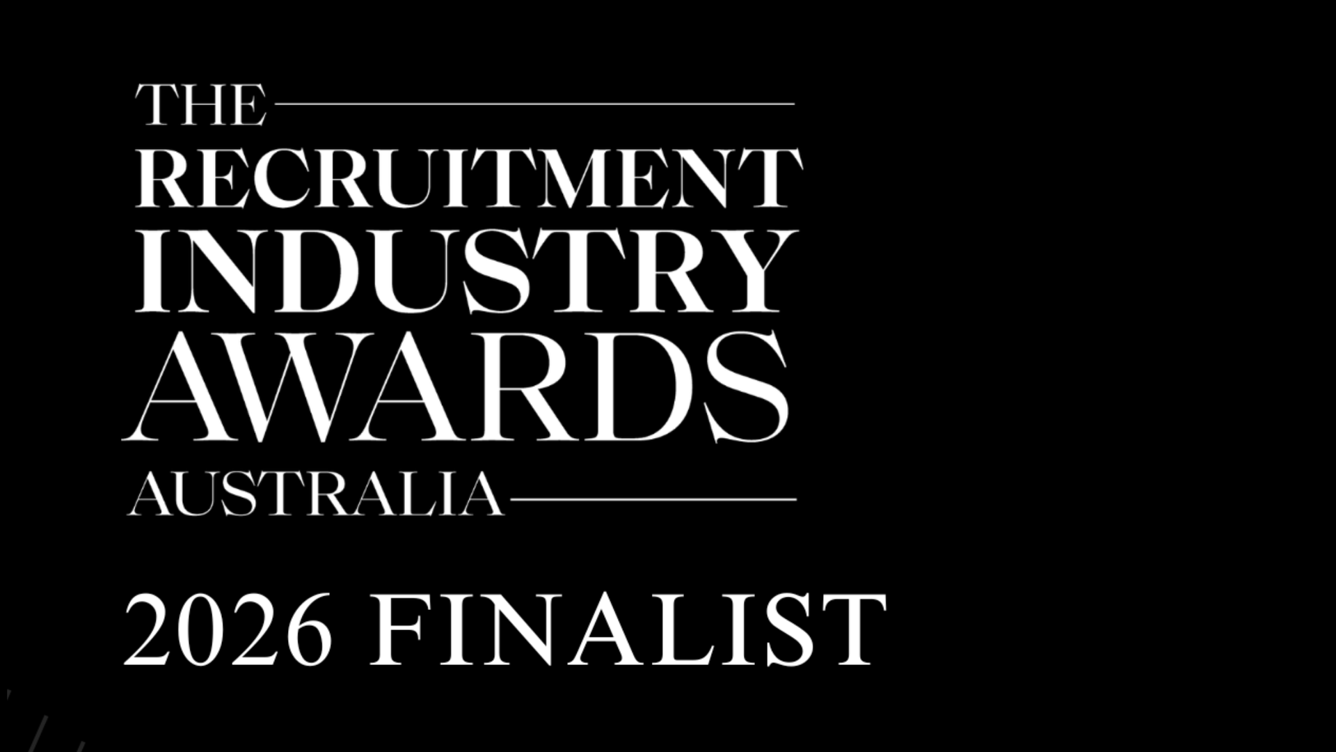 Black-and-white finalist graphic for The Recruitment Industry Awards Australia 2026.