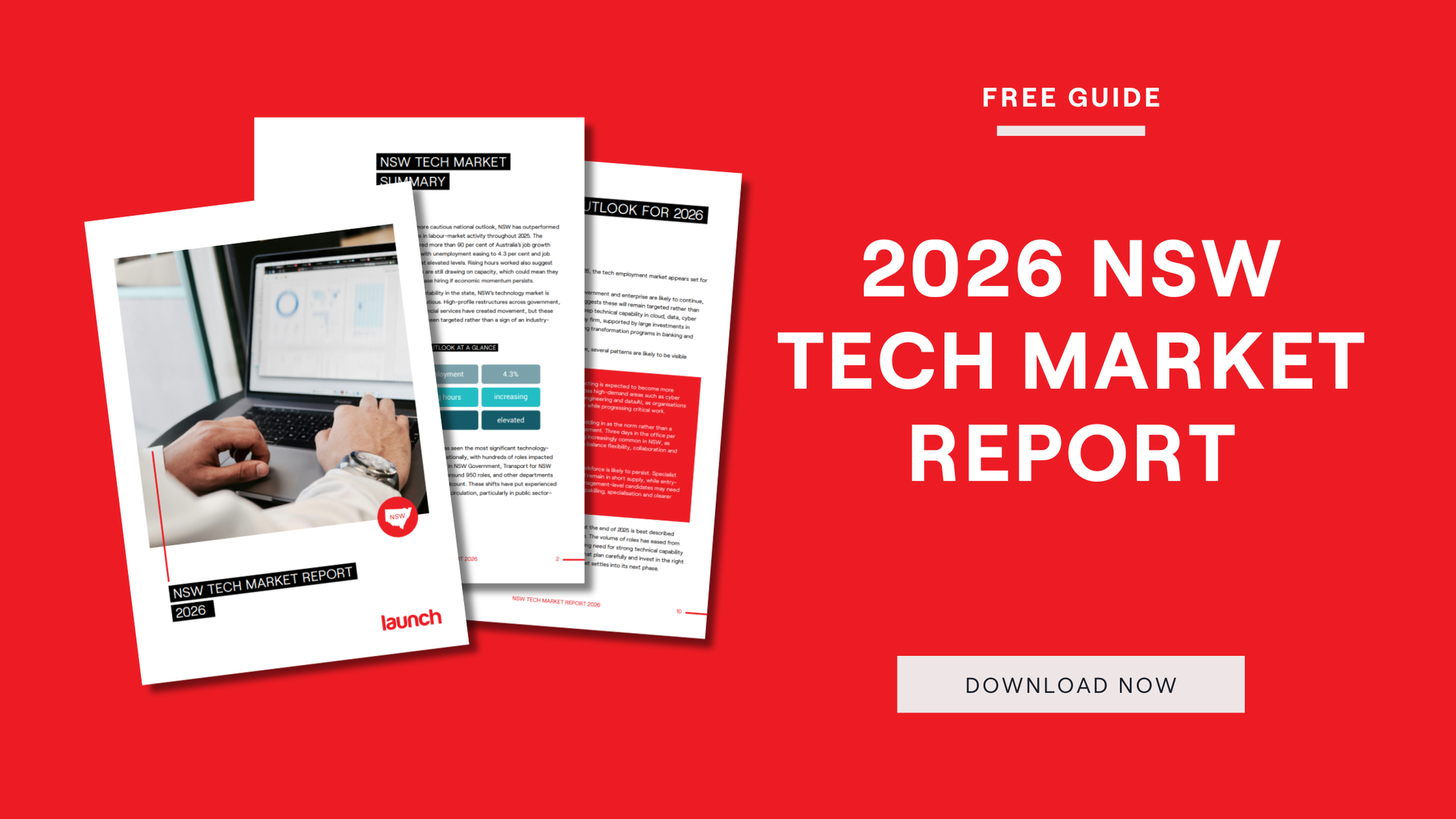 Promotional banner for a 2026 NSW Tech Market Report guide with a download button, set against a red background.