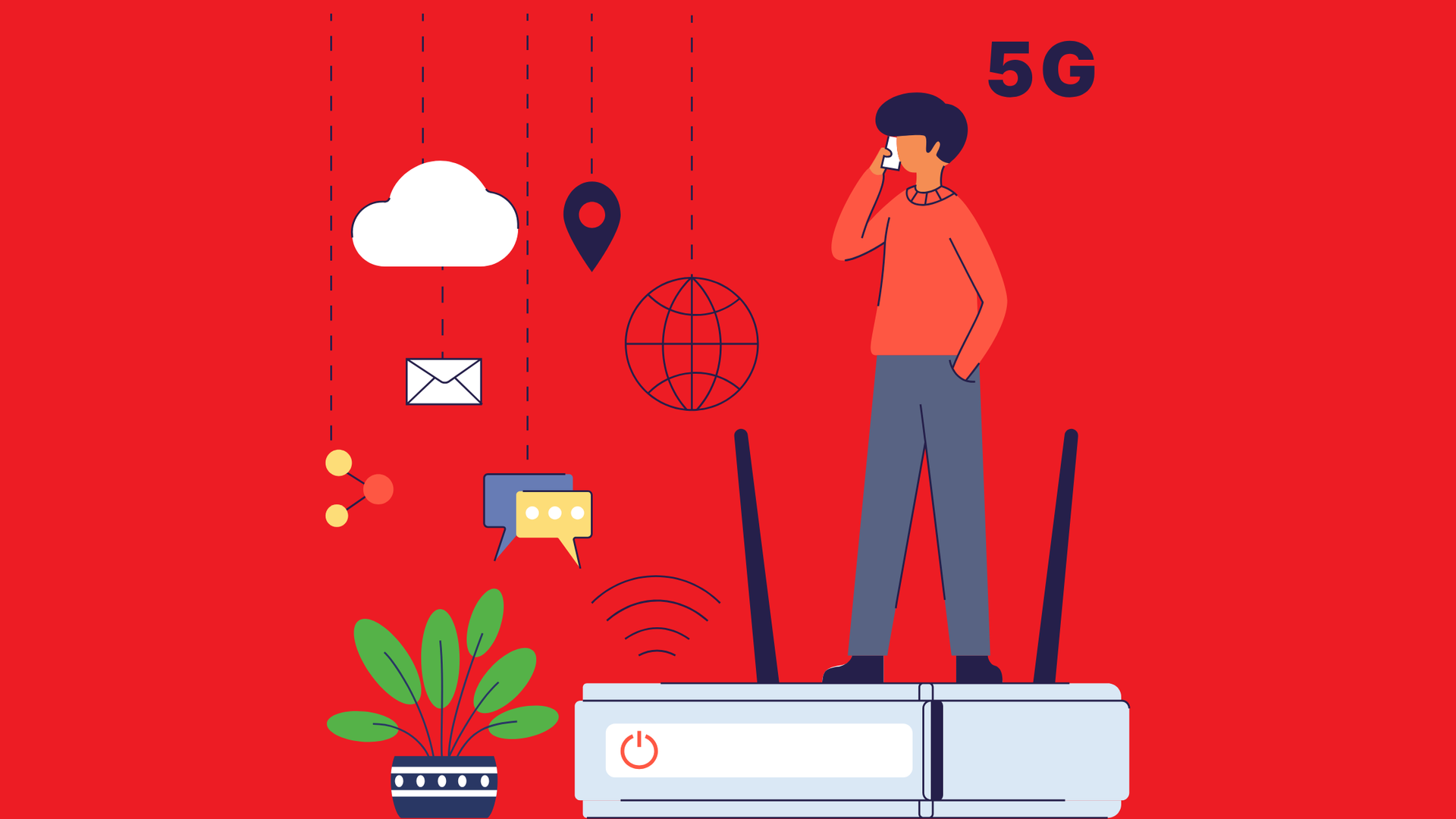 A person stands on a 5G router surrounded by icons for cloud, location, email, global web, and chat on a red background.
