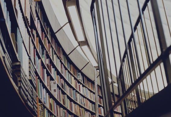 Curved bookshelves filled with books, railing of a staircase, and overhead lighting.