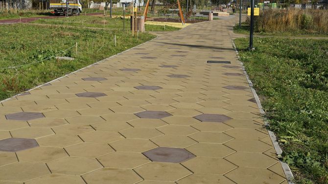 A tan paved park walkway features interspersed, dark hexagonal accent tiles, bordered by green grass.
