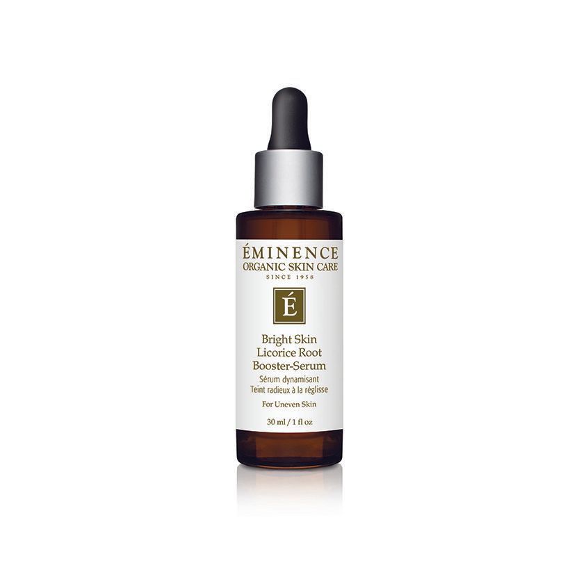 A bottle of eminence organic skin care bright skin licorice root booster serum