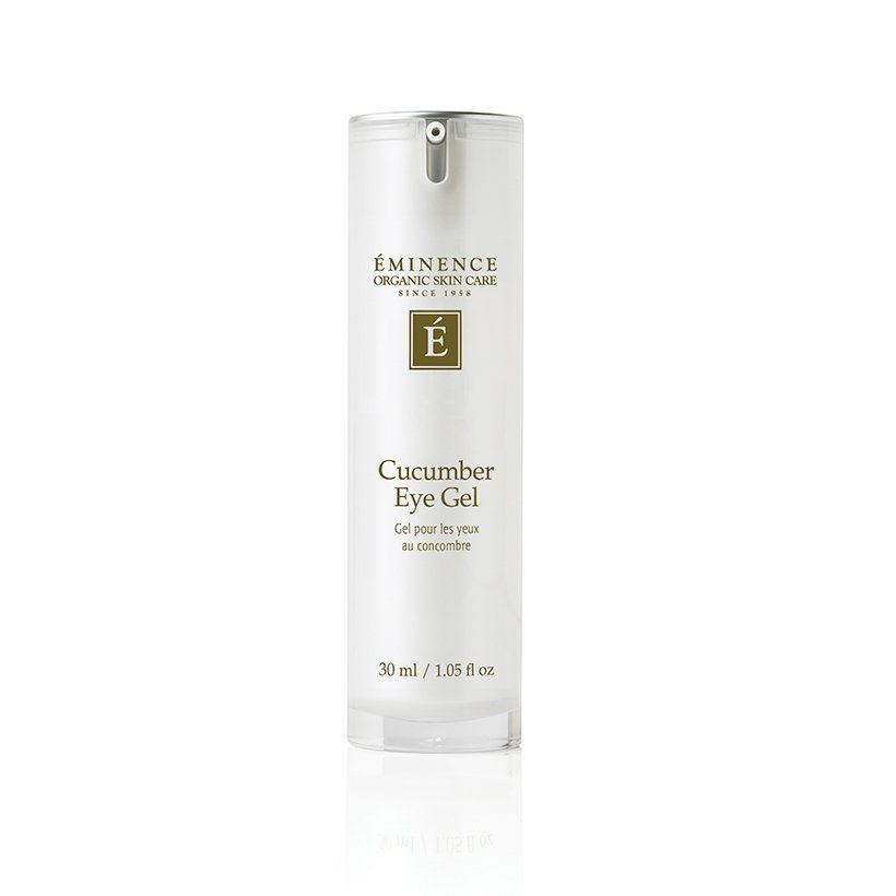 A bottle of eminence cucumber eye gel on a white background.