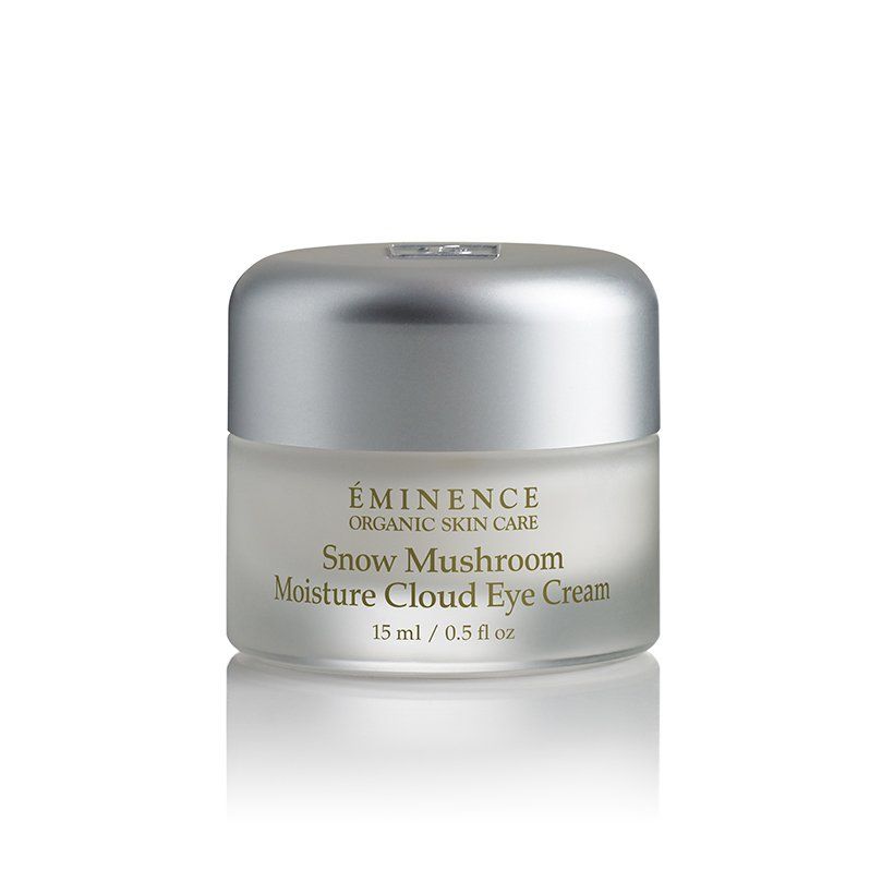 A jar of snow mushroom moisture cloud eye cream on a white background.