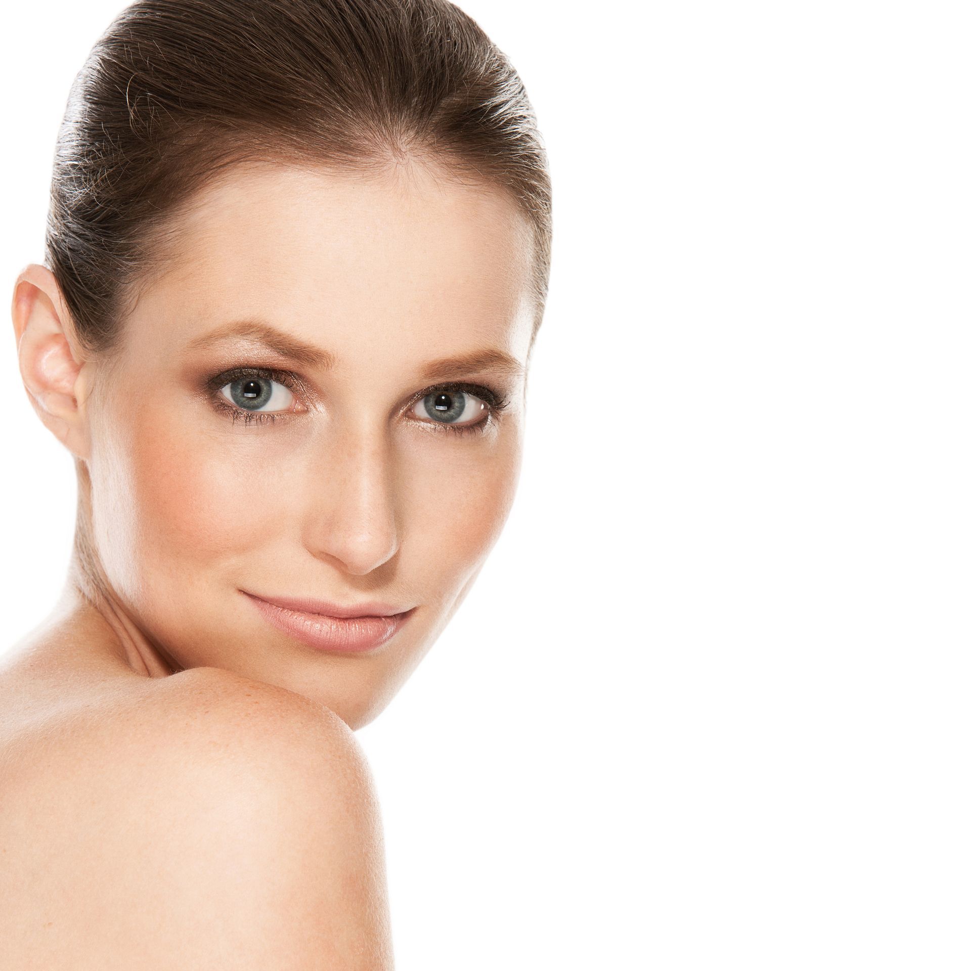 A close up of a woman 's face with a white background