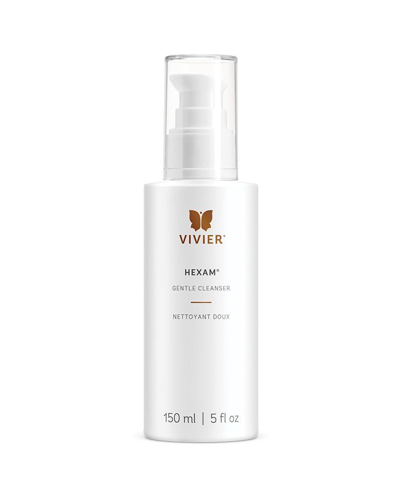 A white bottle of vivier hexam gentle cleanser on a white background.