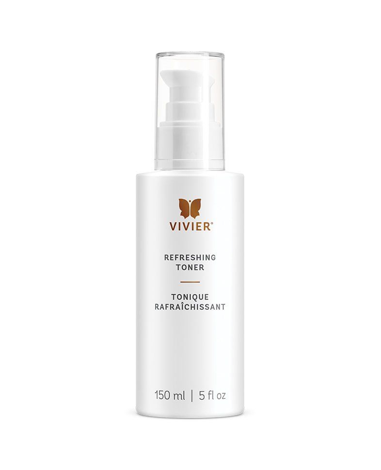 A white bottle of vivier refreshing toner on a white background.