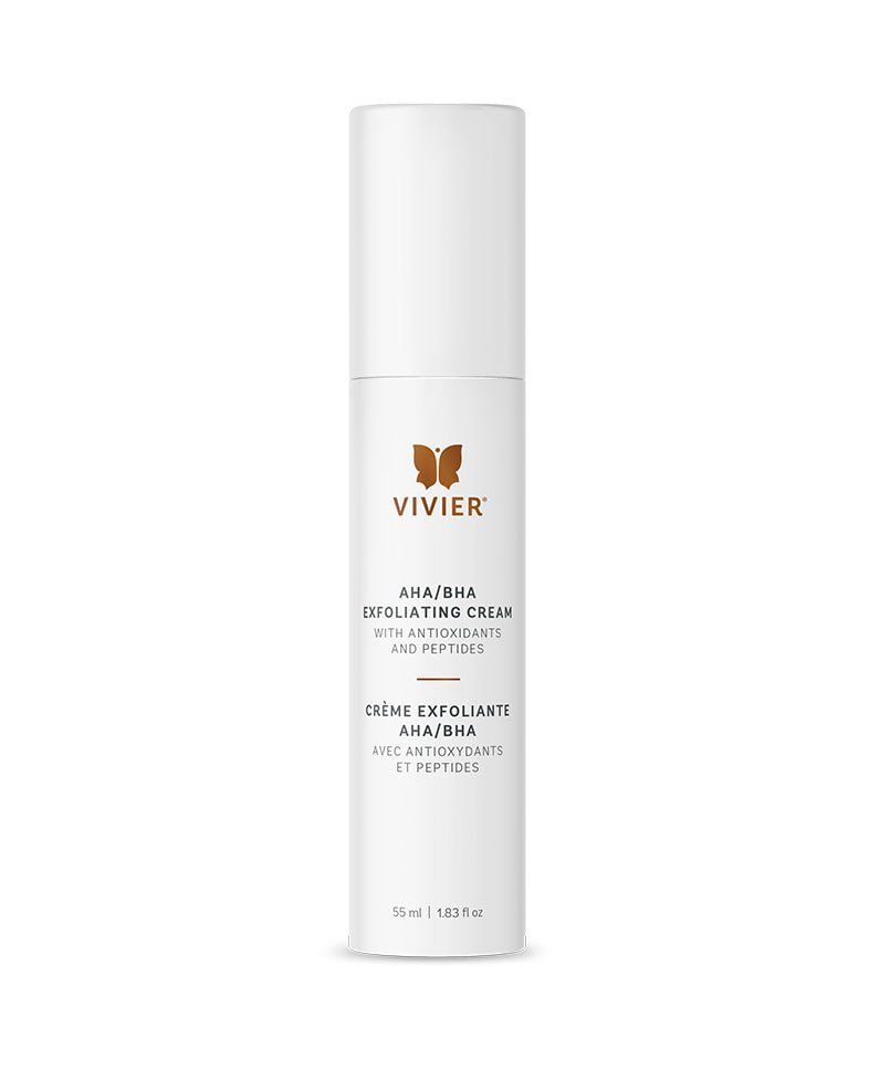 A white bottle of vivier exfoliating cream on a white background.