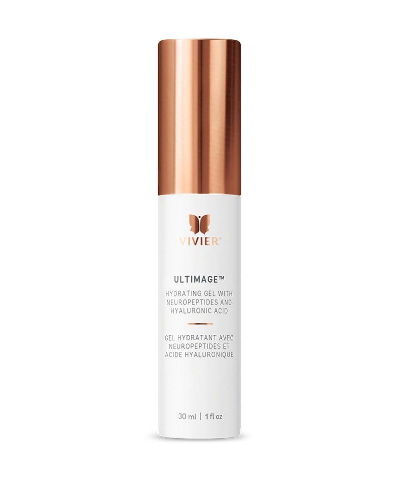 A bottle of ultimate hydrating gel with hyaluronic acid on a white background.