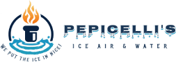 Logo for Pepicelli's Ice Air & Water, featuring a torch icon above water and the slogan "We put the ice in nice!"