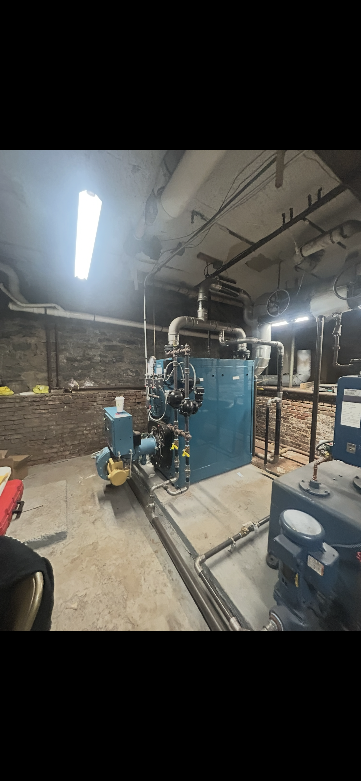 A large, industrial blue boiler system stands on a concrete floor in a dimly lit, unfinished basement with stone walls.