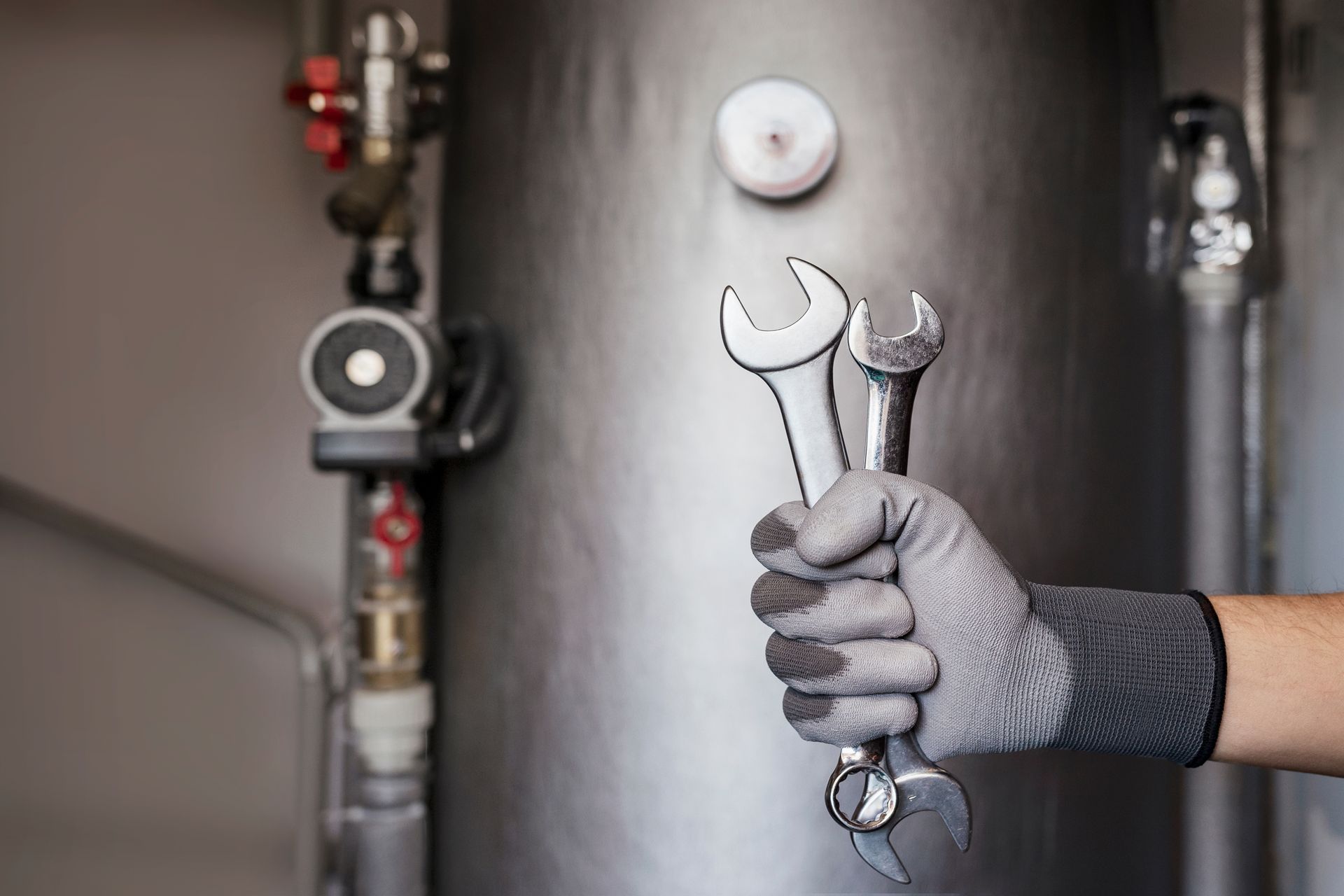 A gloved hand holds two wrenches in front of a metal hot water heater tank with plumbing components.