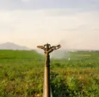 A metal agricultural sprinkler sprays water over a green field against a soft, light-filled sky.