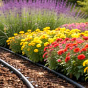 Drip irrigation tubing lines a garden bed filled with colorful red, yellow, and purple flowers.