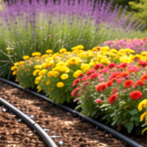 Drip irrigation tubing lines a garden bed filled with colorful red, yellow, and purple flowers.