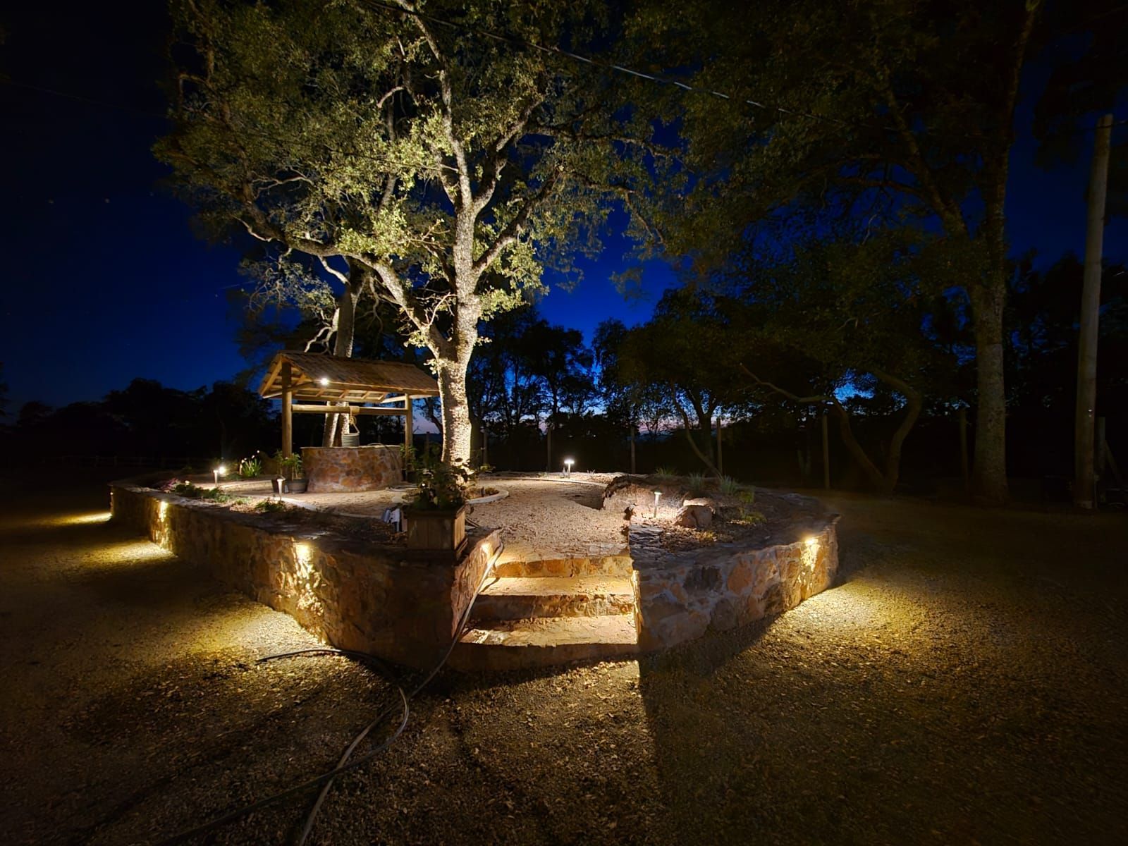 A stone patio with a gazebo and large tree at night, illuminated by soft ground-level lighting.