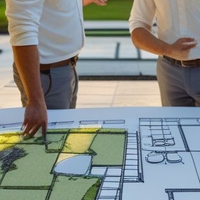 Two professionals in white shirts reviewing a landscape and architectural site plan on a large drafting table.