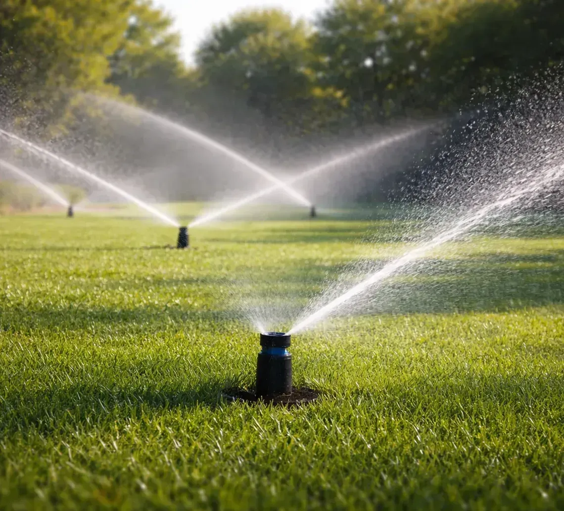 Multiple sprinklers spray water over a lush green lawn on a sunny day.