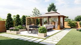 A backyard patio featuring a wooden gazebo with a bar and dining area, surrounded by lush landscaping and stone walkways.