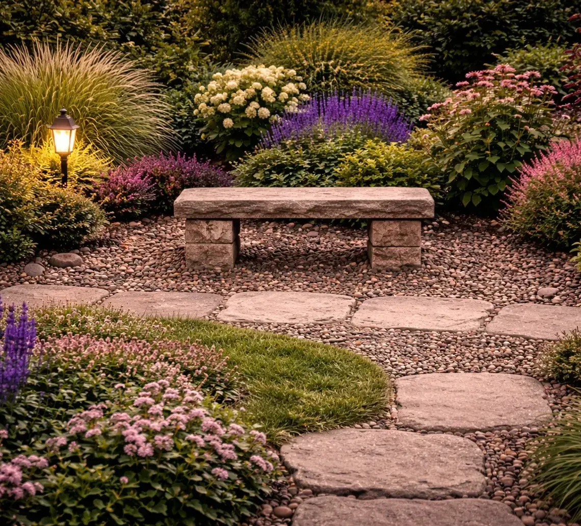 A stone bench sits in a lush garden with flagstone paths, gravel, a glowing lamp, and various blooming perennials.