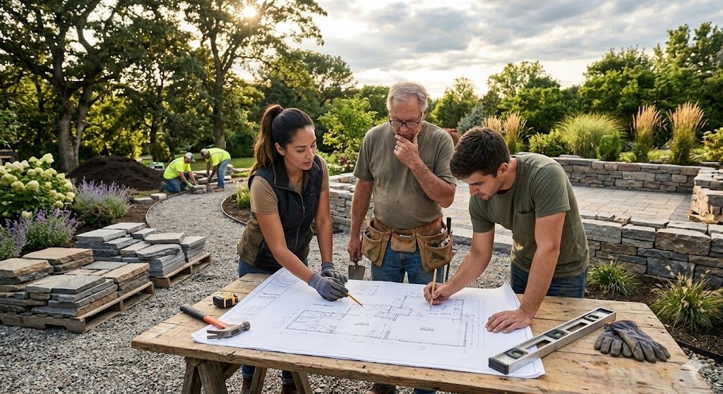 Three people discuss construction plans on a large table at an outdoor work site.