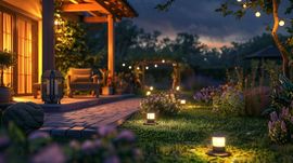 A cozy backyard patio illuminated by warm string lights and path lamps at twilight, featuring lush flowers and greenery.