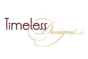 Timeless Designs logo in burgundy and gold script on a white background