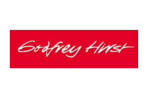 White script “Godfrey Hirst” on a red rectangular logo