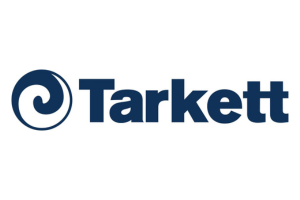 Tarkett logo in dark blue with a circular swirl icon on a white background