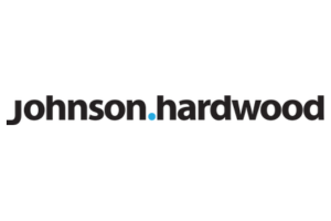 Johnson.hardwood logo in black with a blue dot on a white background