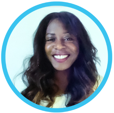 Woman with long dark hair smiles broadly, facing the camera; blue circle background.