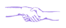 Two hands in a handshake, purple illustration on white background.