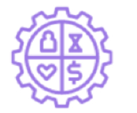 Purple gear icon with four quadrants: person, hourglass, heart, and dollar sign.