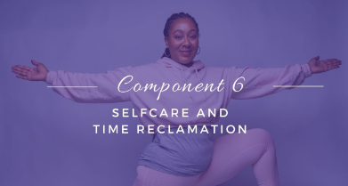 Woman in a yoga pose, arms outstretched, with text