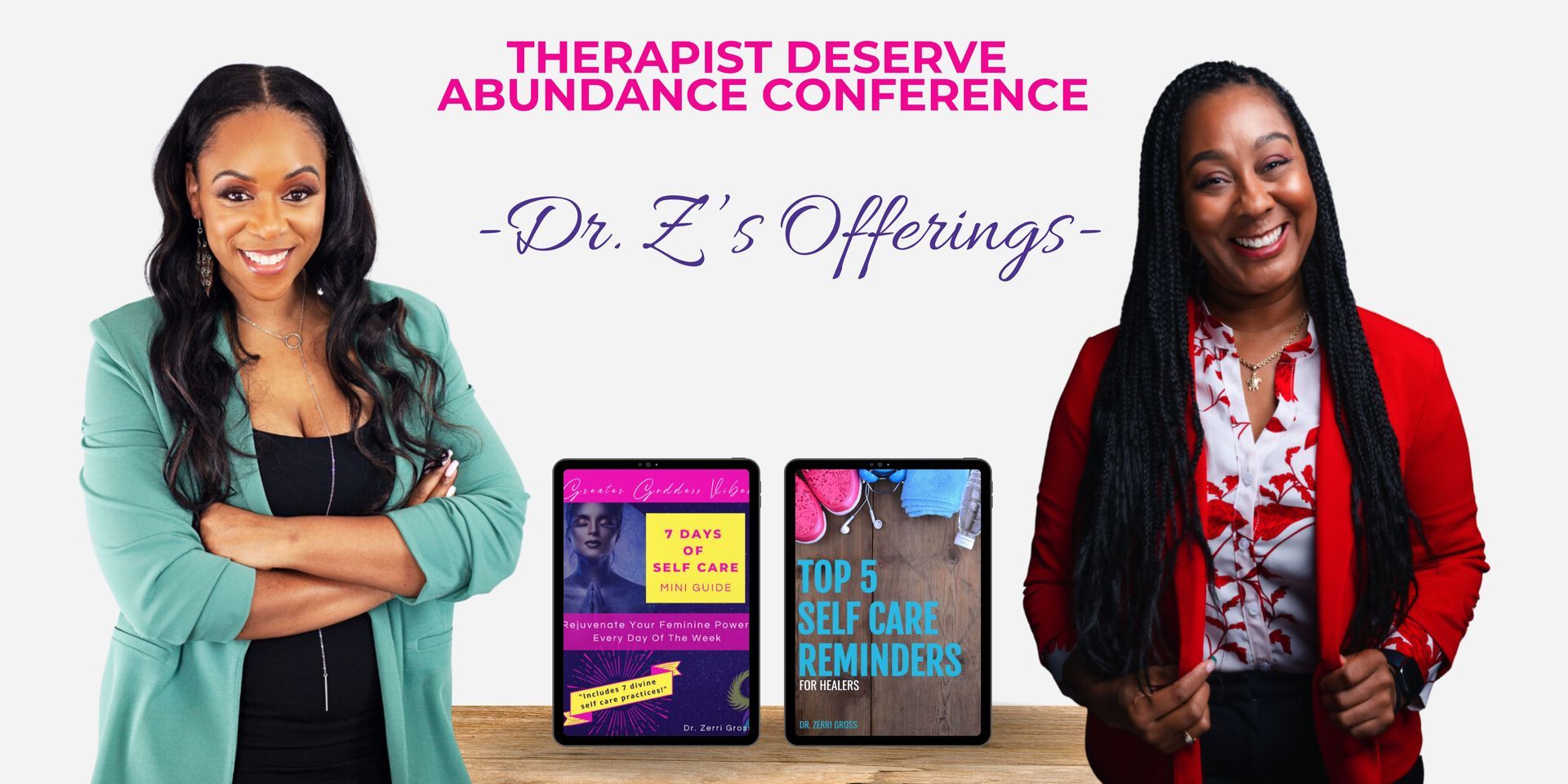 Two women smiling, promoting a Therapist Abundance Conference with digital offerings.