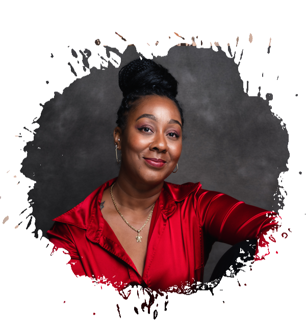 Woman with dark hair in a red top, smiling, framed by a dark, splattered design.
