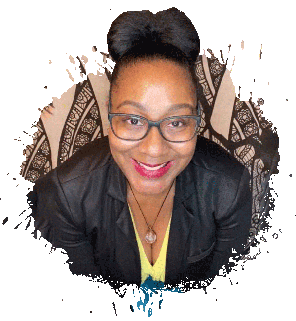 Woman with glasses, hair bun, smiling, black jacket, against white and ink splatter.