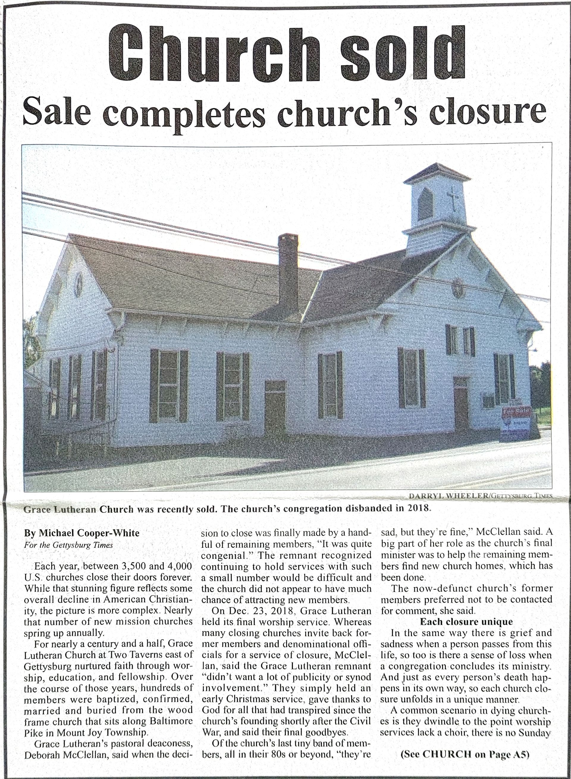 A newspaper article about a church being sold.