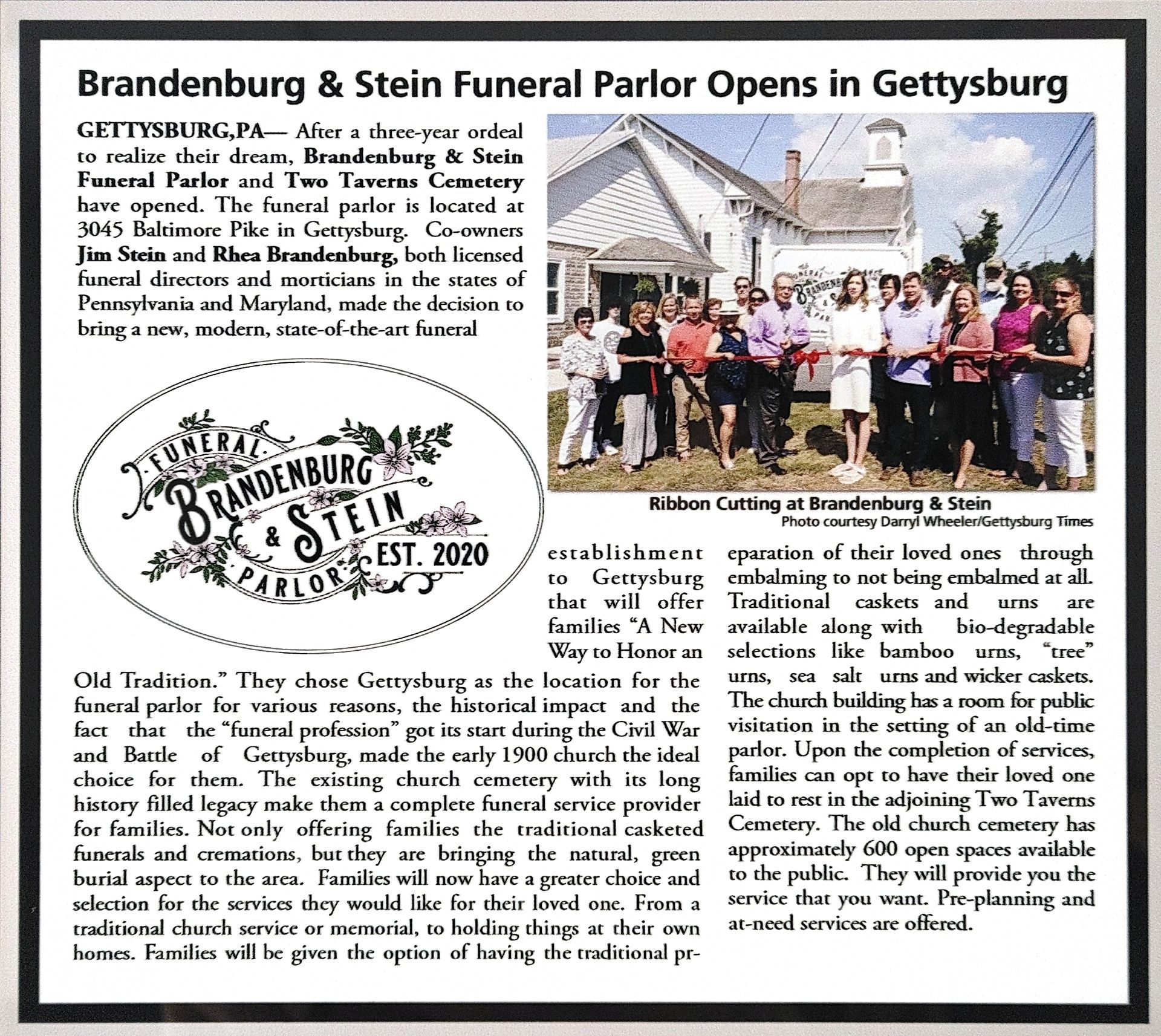 A newspaper article about brandenburg & stain funeral parlor opens in gettsburg