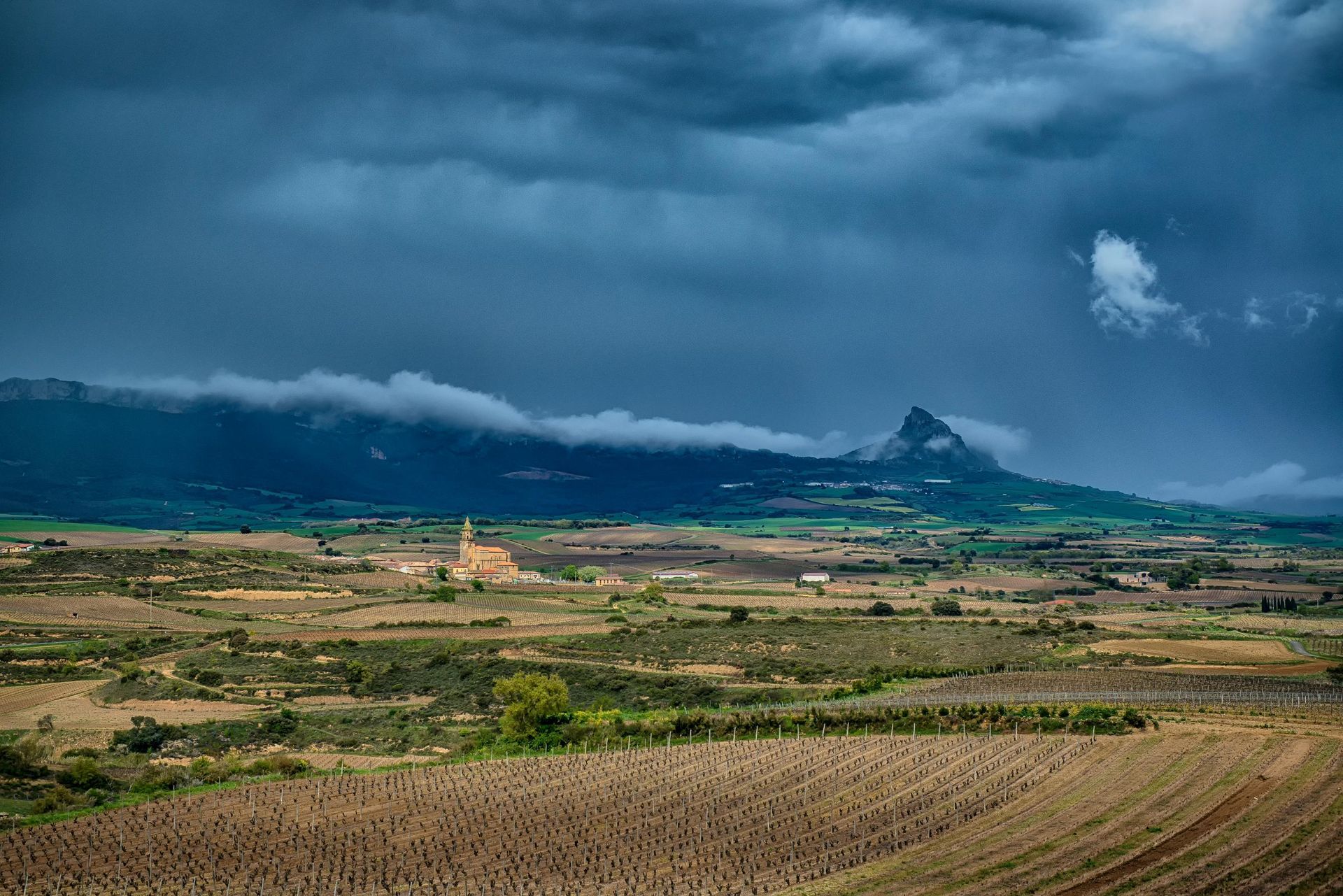 Un paisaje de un campo con montañas al fondo y un cielo nublado.