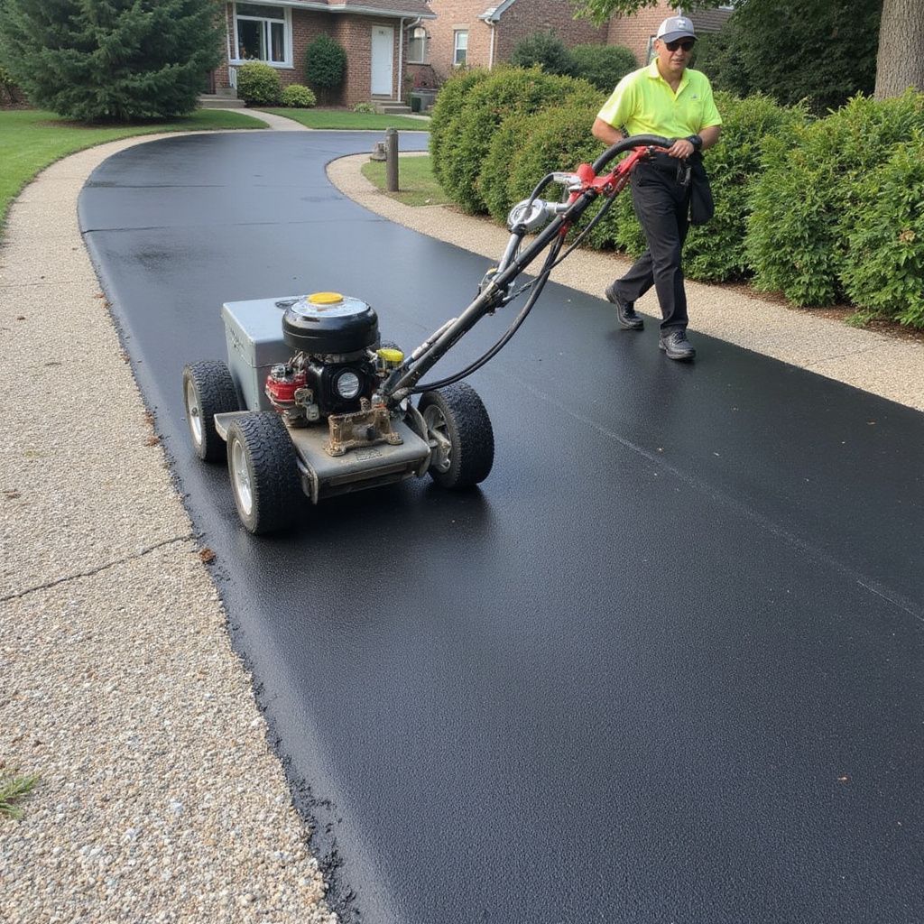 Man sealcoating asphalt driveway with machine; gravel edge, green grass, house in background.