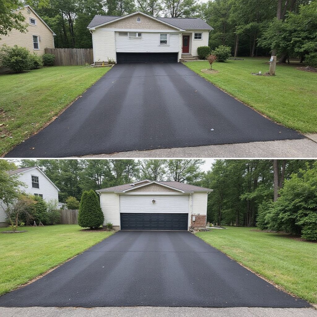 Two photos, split screen, of a home with a freshly paved driveway; black asphalt contrasts with green grass.