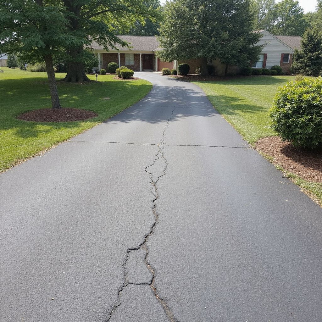 Cracked asphalt driveway leads to a one-story house with green lawn and trees.