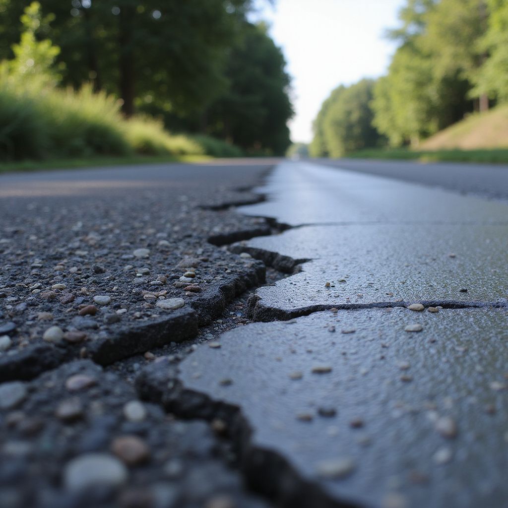 Cracked asphalt road, close-up, with a tree-lined background.