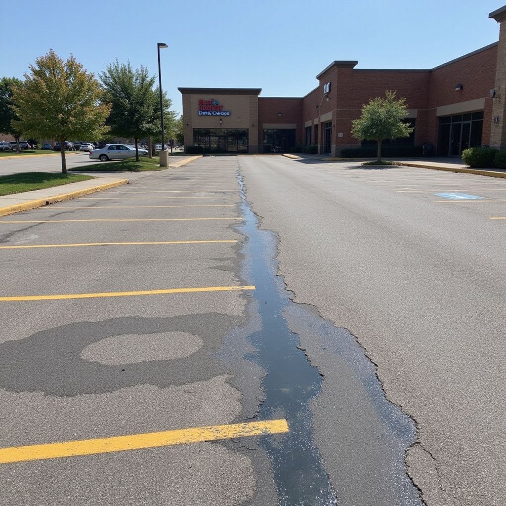 An empty parking lot with asphalt repairs leading to a brick building with a store.